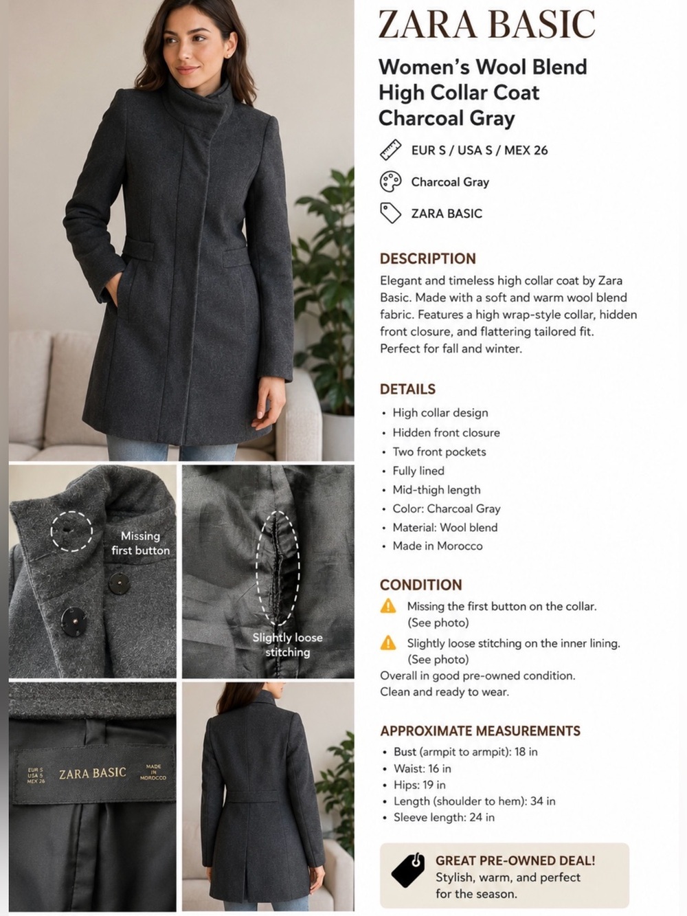 Zara Basic Charcoal Gray Wool Blend Coat High Neck Women’s Size S EU 36